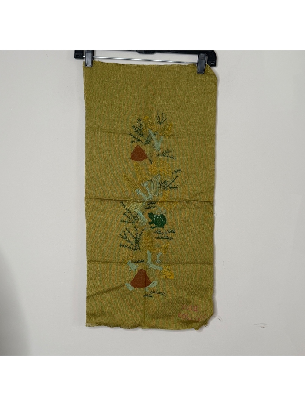 Vintage Hand Painted Drawn Folk Art Linen Wall Hanging Birds Mushrooms frogs